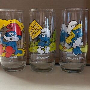 Vintage Smurfs Glasses Set - Papa, Grouchy, Smurfette - Blue Character Glasses